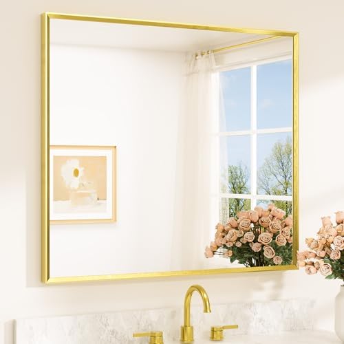 TETOTE Brushed Gold Vanity Mirror for Bathroom 40" x 36" Brushed Brass Rectangle Beveled Framed Bathroom Wall Mirror for Over Sink, Tempered Glass, Modern Farmhouse Bedroom, Entryway, Living Room