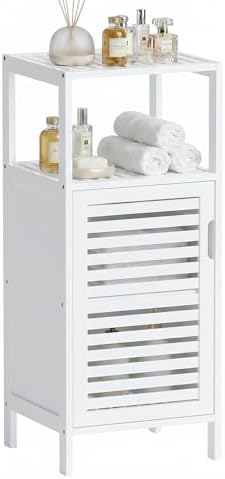 HITNET Bamboo Bathroom Storage Cabinet, 4 Tier Small White Floor Cabinet with Single Door, Free Standing Slim Narrow Storage Organizer for Living Room Entryway