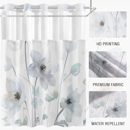 No Hook Shower Curtain and Liner Set, Light Blue Boho Floral 71x77