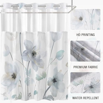 No Hook Shower Curtain and Liner Set, Light Blue Boho Floral 71x77