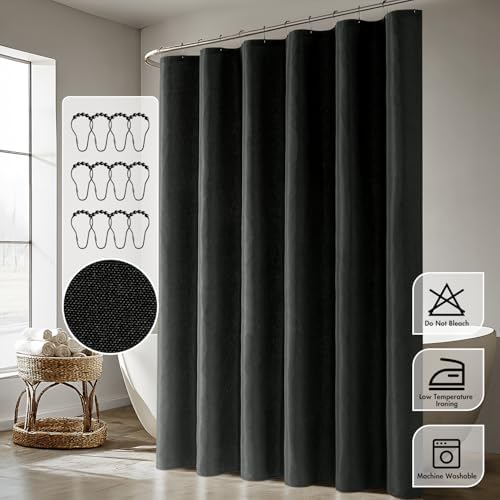 ANRODUO Black Linen Textured Fabric Shower Curtain Set - W72xL72
