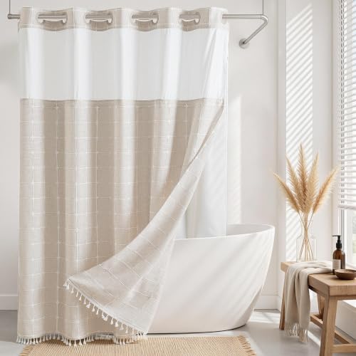 RiverDream Farmhouse No Hooks Shower Curtain with Snap-in Liner,Linen,71x98