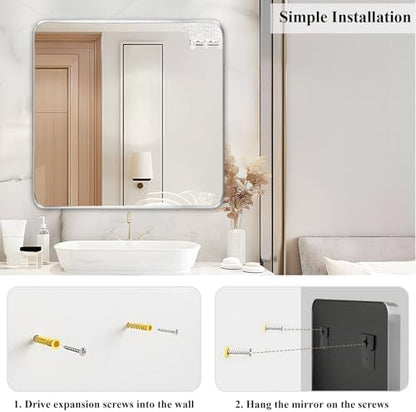 Silver Bathroom Vanity Mirror Over Sink 28x28, Wall Square Mirror, Chrome