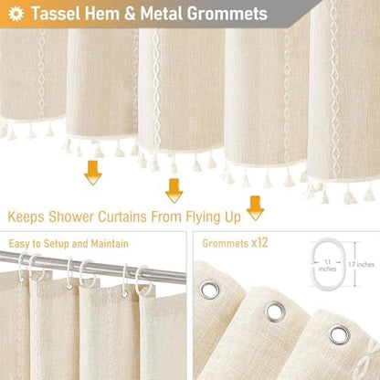 BTTN 72 x 90 Boho Linen Heavy Duty Cloth Shower Curtain Set, Cream/Beige