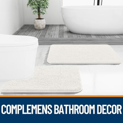OLANLY Chenille Bathroom Rugs Mats Sets 2 Piece, 47"x20"+24"x20", Ivory