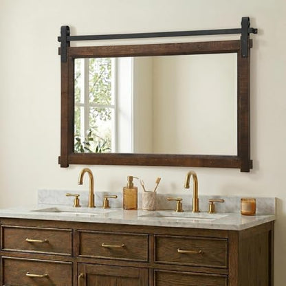 Besdomus Farmhouse Bathroom Vanity Mirror: 42"x28" Brown Rustic Barn Door