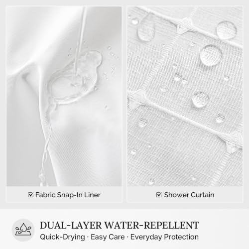 RiverDream Farmhouse No Hooks Shower Curtain with Snap-in Liner,White,71x86