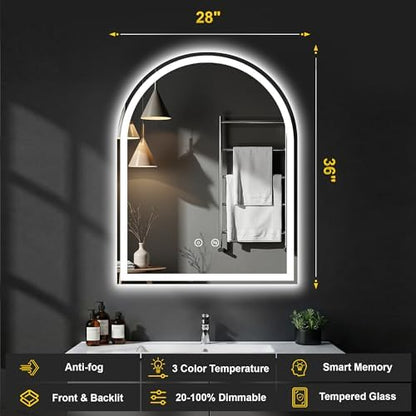 Arched LED Bathroom Mirror with Lights, 28" x 36" Lighted Vanity Mirror