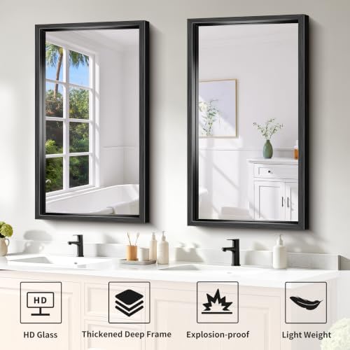 Bathroom Mirror, 20 x 36 inch Brushed Black Rectangle Mirror, 0.6" Thickened Deep Metal Frame Rectangular Vanity Mirror, Wall Mounted Mirror for Bedroom Living Room, Horizontal or Vertical