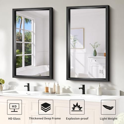 Bathroom Mirror, 20 x 36 inch Brushed Black Rectangle Mirror, 0.6" Thickened Deep Metal Frame Rectangular Vanity Mirror, Wall Mounted Mirror for Bedroom Living Room, Horizontal or Vertical