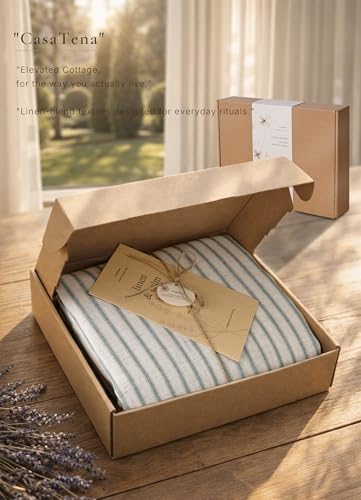 Farmhouse Striped Shower Curtain - 72x72 Inches, Linen Blend Fabric, Breathable & Machine Washable, Rustic Heirloom Blue for Bathroom Decor (Hooks/Liner Not Included)
