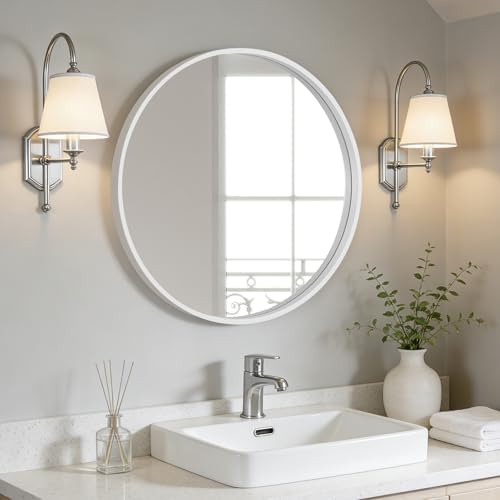 WallBeyond Round Wood Mirror 24 inch Circle Wall Mirror for Bathroom Round Wall Mirror for Wall Decor, Vanity, Entryway Living Room (White)