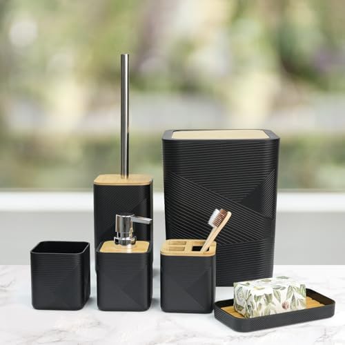 CERBIOR Bamboo Bathroom Accessory Set with Shower Curtain,Black,20PCS