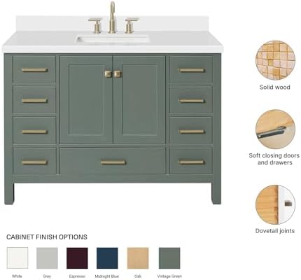Ariel Cambridge 49 Inch Single Rectangle Sink Vanity With White Quartz Countertop In Vintage Sage Green