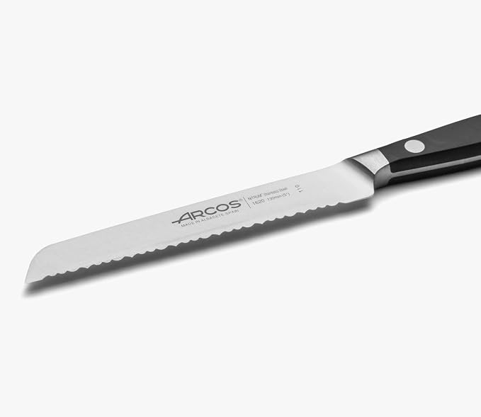 Arcos Forged Tomato Knife Serrated 5 Inch Stainless Steel. Ergonomic Polypropylene POM Handle & Special Silk Blade 130 mm. Series Manhattan. Blue Color. Impress and Amaze with Every Cut