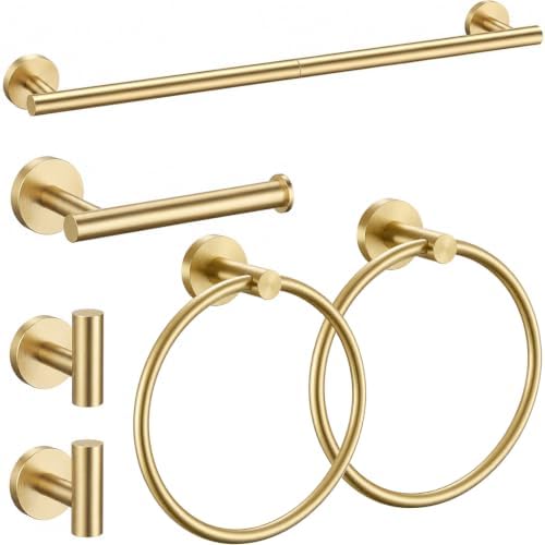 Brushed Gold Bathroom Accessories Set, 6 Pieces Gold Towel Bar Bathroom Hardware Set, 24 Inch Towel Racks for Bathroom, SUS304 Stainless Steel Bathroom Towel Holder Toilet Paper Holder Wall Mounted