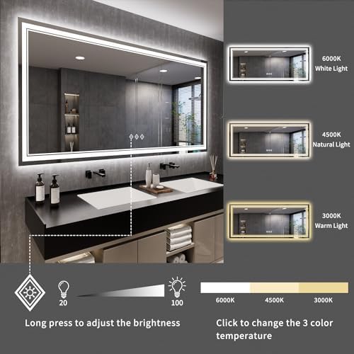 Bathroom Mirrors for Wall, 88x38 Inch Gradient Front and Backlight Big Lighted Mirror, 3 Colors Dimmable CRI>90 Double Lights, IP54 Enhanced Anti-Fog, LED Mirror for Bathroom