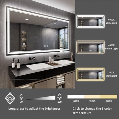 Bathroom Mirrors for Wall, 88x38 Inch Gradient Front and Backlight Big Lighted Mirror, 3 Colors Dimmable CRI>90 Double Lights, IP54 Enhanced Anti-Fog, LED Mirror for Bathroom