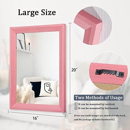 AAZZKANG Rectangle Mirror with Wood Frame Modern Farmhouse Wall Mirrors Decor Large 20"x16" for Bedroom Bathroom Living Room Pink