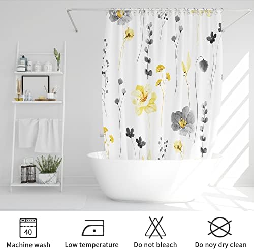 Gibelle Yellow Beige Watercolor Floral Fabric Shower Curtain, 72x90