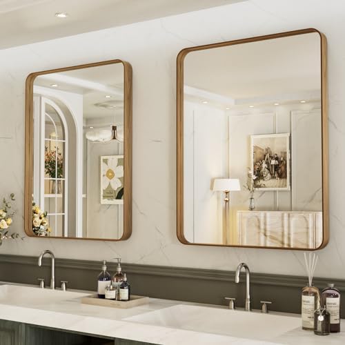 LOAAO 28X36 Bathroom Mirror with Wood Grain Colored Metal Frame