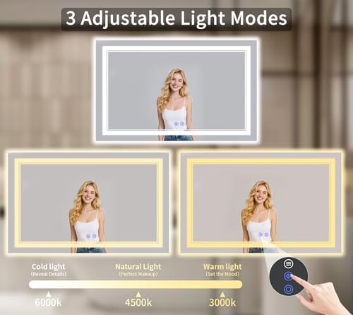36"x60" LED Bathroom Mirror with Lights, Anti-Fog, Backlit + Front Lit, Dimmable, Led Vanity Mirror for Wall, 3 Colors, Memory Function, Shatter-Proof Tempered Glass