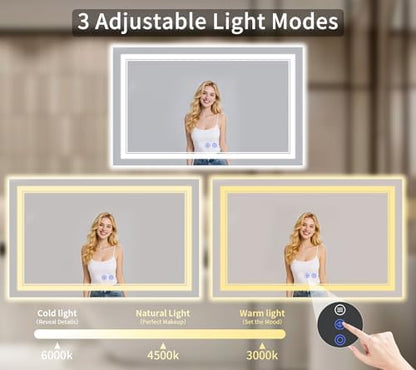 36"x60" LED Bathroom Mirror with Lights, Anti-Fog, Backlit + Front Lit, Dimmable, Led Vanity Mirror for Wall, 3 Colors, Memory Function, Shatter-Proof Tempered Glass