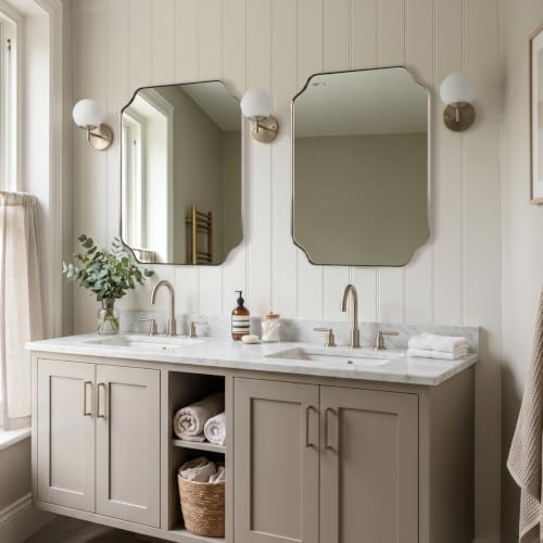 MIRRORART 24x32'' Brushed Nickel Mirror, Contemporary Scalloped Bathroom Mirrors for Wall, Rounded Notched Coner Silver Mirror in 1'' Antirust Stainless Steel Metal Frame Wall Mounted for Home Decor