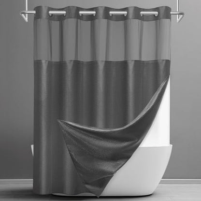 No Hook Waffle Shower Curtain with Snap in Liner Set, 71x80, Dark Grey