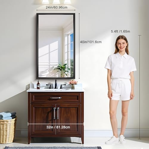 CIRCUMI 24"x40" Brushed Black Bathroom Mirror, Rectangular Vanity Mirror