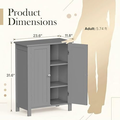ZENY Bathroom Floor Storage Cabinet with Double Door + Adjustable Shelf, Wooden Organizer Cabinet for Living Room, Bathroom, Bedroom, Modern Home Furniture (Gray)