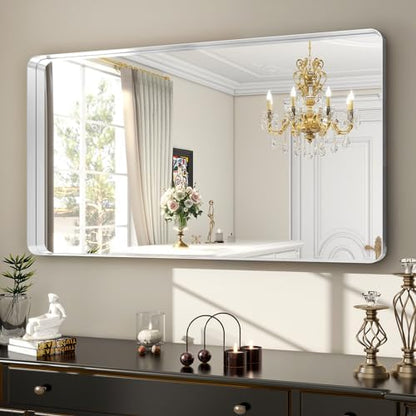 Easly 48 x 30 Inch Silver Bathroom Mirror, Rectangular Wall Mounted Shatterproof Mirror, Aluminum Alloy Frame with Rounded Corners, Horizontal or Vertical for Farmhouse Decor