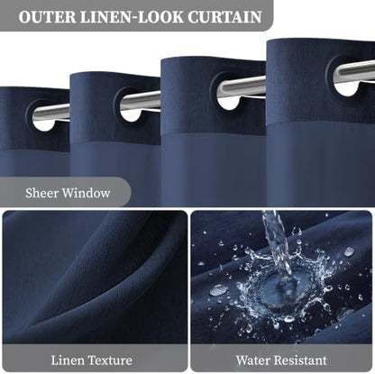 BTTN 72x81 Ringless Linen Look Shower Curtain with Snap in Liner, Navy Blue