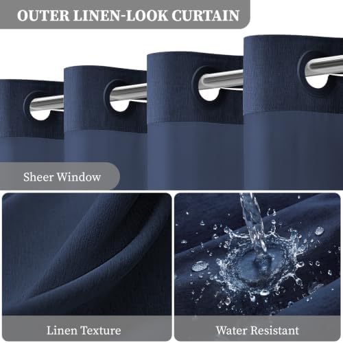 BTTN Navy Blue Ringless Linen Look Shower Curtain with Snap in Liner, 72x75
