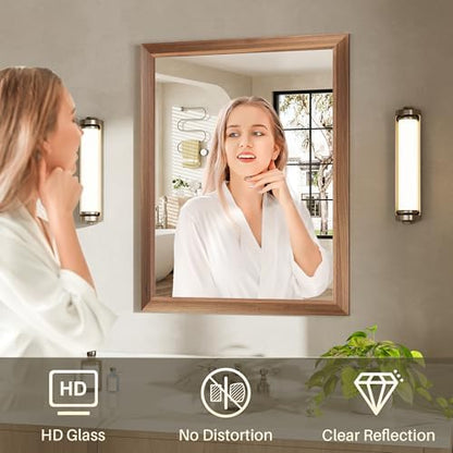 36x32 Inch Bathroom Mirror for Wall, Anti-Rust Walnut Wood Grain Metal Framed Bathroom Mirrors for Over Sink,Rectangler Mirrors for Bathroom Vanity, Farmhouse, Bedroom, Living Room, Entryway Decor