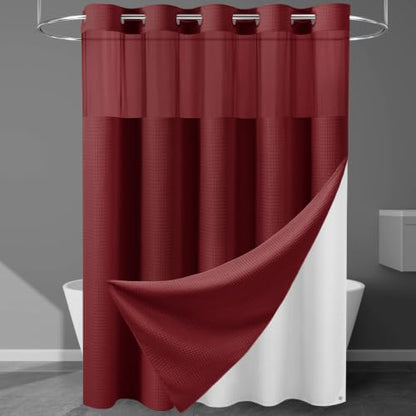 EUTXL Heavyweight Waffle No Hook Shower Curtain with Liner, Burgundy, 71x74