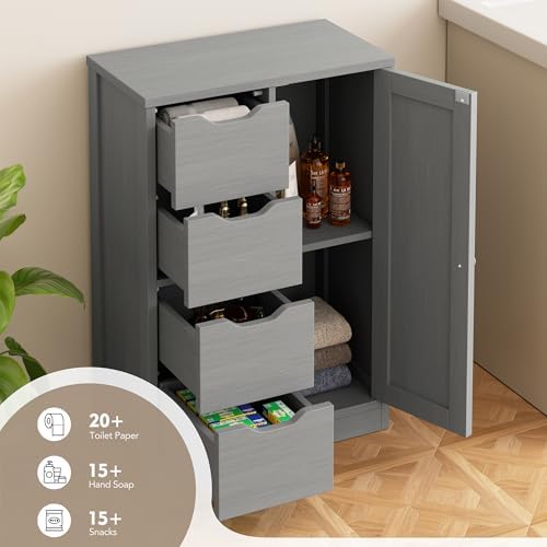 Walsunny Bathroom Floor Storage Cabinet, Wooden Storage Organizer with 4 Drawers and 1 Cupboard, Freestanding Entryway Storage Unit Console Table, Gray