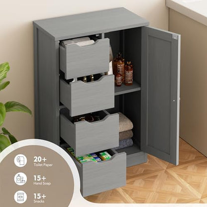 Walsunny Bathroom Floor Storage Cabinet, Wooden Storage Organizer with 4 Drawers and 1 Cupboard, Freestanding Entryway Storage Unit Console Table, Gray