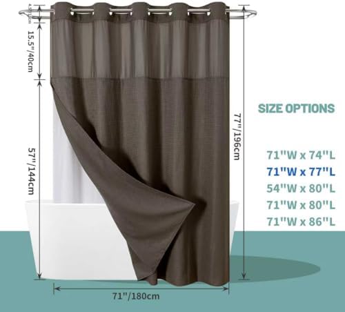 eachope No Hook Waffle Shower Curtain with Snap-in Liner, 71x77 Inch, Brown