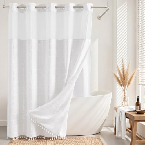 RiverDream Farmhouse No Hooks Shower Curtain with Snap-in Liner,White,71x74
