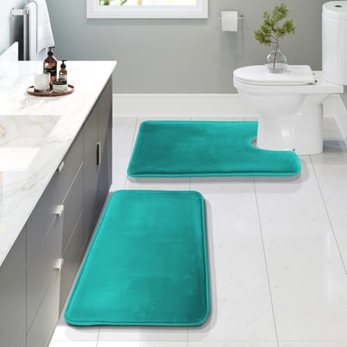 Clara Clark 2 Piece Bathroom Rugs, Velvet Memory Foam Bath Mat Set, Non-Slip Bath Rugs, Machine Wash, Dries Quickly, Ultra Soft Plush Bath Mats for Bathroom, 20 x 32 + Contour, Teal Blue