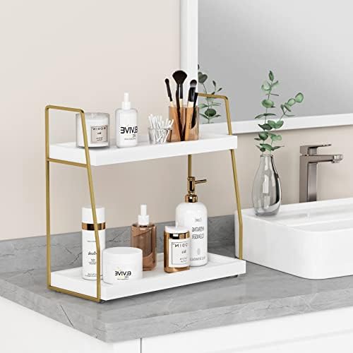 Forbena Bathroom Organizer Countertop, Counter Organizer for Bathroom Decor, Wooden Sink Shelf for Vanity Storage, Makeup Tray for Perfume Skincare Bedroom Kitchen Corner (2 Tier, White and Gold)