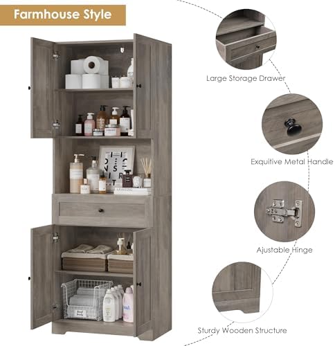 HIFIT Tall Bathroom Storage Cabinet with Drawer, Modern Linen Cabinet,Brown