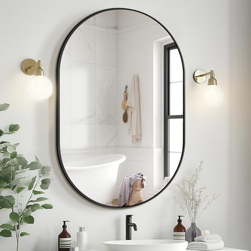 Delma 36x24 Black Oval Bathroom Mirror for Over Sink, Aluminum Frame
