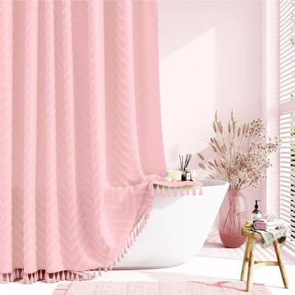 Dynamene Extra Long Boho Shower Curtain Tufted Chevron 72"x96" Pink
