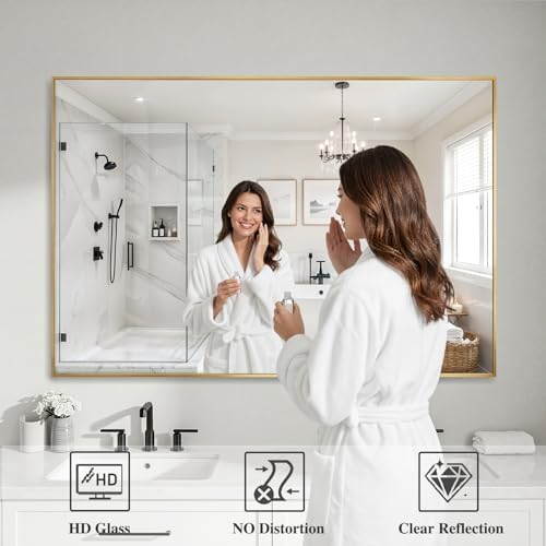 Koonmi Gold Mirrors for Wall, 36x48 Inch Bathroom Mirror, Rectangular Wall Mirror for Living Room Bedroom Bathroom, Hangs Horizontally or Vertically