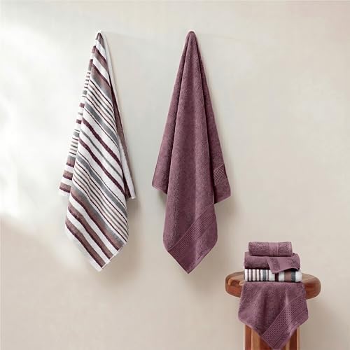 Modern Threads 6 Piece Bath Towel Set – Bathroom Towel Set with 2 Bath Towels, 2 Hand Towels & 2 Washcloths – 100% Cotton, Soft & Absorbent – Wide Stripe (Rose)