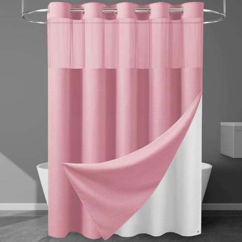 EUTXL Heavyweight Waffle No Hook Shower Curtain with Liner, 71x74, Pink