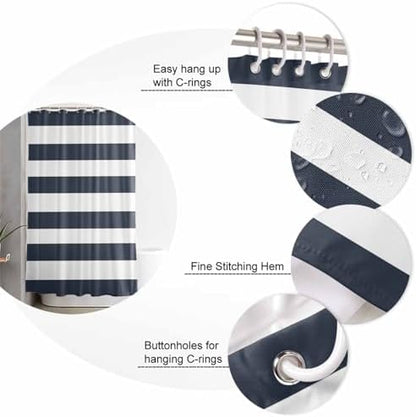 Shower Curtain Bathroom Set Navy Blue and White Stripe Waterproof Shower Curtains with Grommets Hooks Classic Texture Privacy Bath Curtain for Bathtub Decor 48x72in