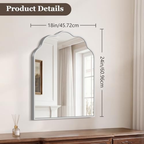 Scalloped Arched Mirror, 18×24Inch Silver Mirror for Bathroom, Wavy Wall Mounted Vanity Mirror with Aluminum Alloy Frame for Livingroom Bedroom and Entryway, Tempered Glass